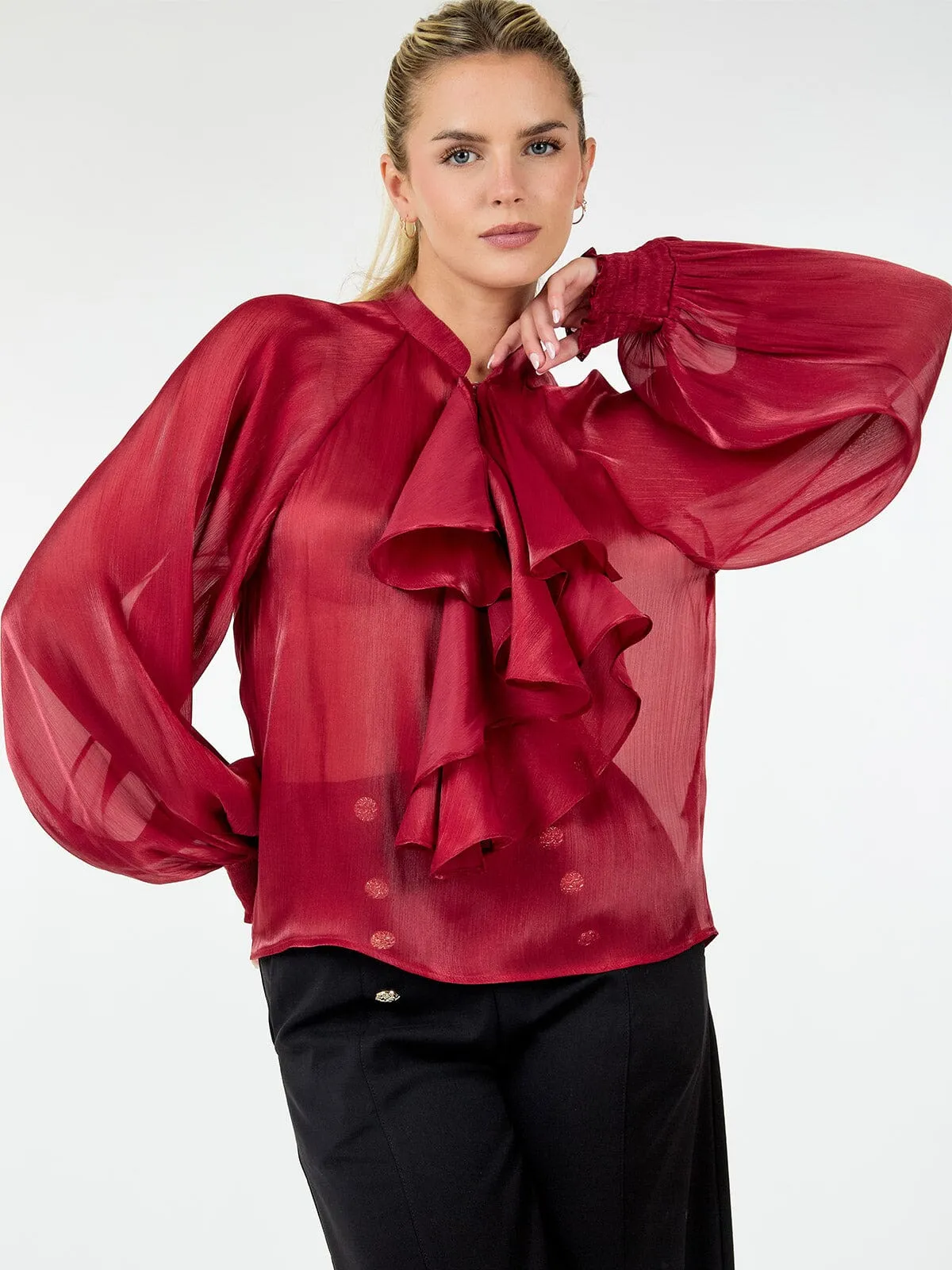 WOMEN'S LONG SLEEVE BUTTON CLOSURE RUFFLE DETAILED BLOUSE