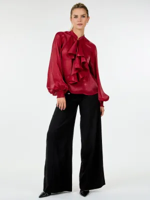 WOMEN'S LONG SLEEVE BUTTON CLOSURE RUFFLE DETAILED BLOUSE