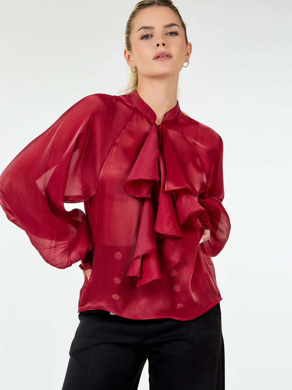 WOMEN'S LONG SLEEVE BUTTON CLOSURE RUFFLE DETAILED BLOUSE
