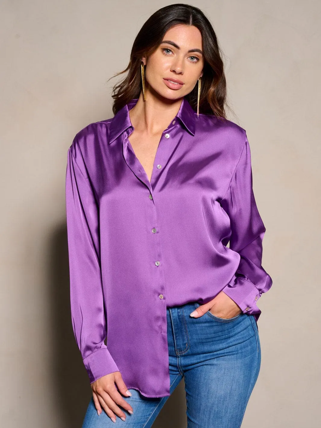 WOMEN'S LONG SLEEVE BUTTON CLOSURE SATIN BLOUSE TOP