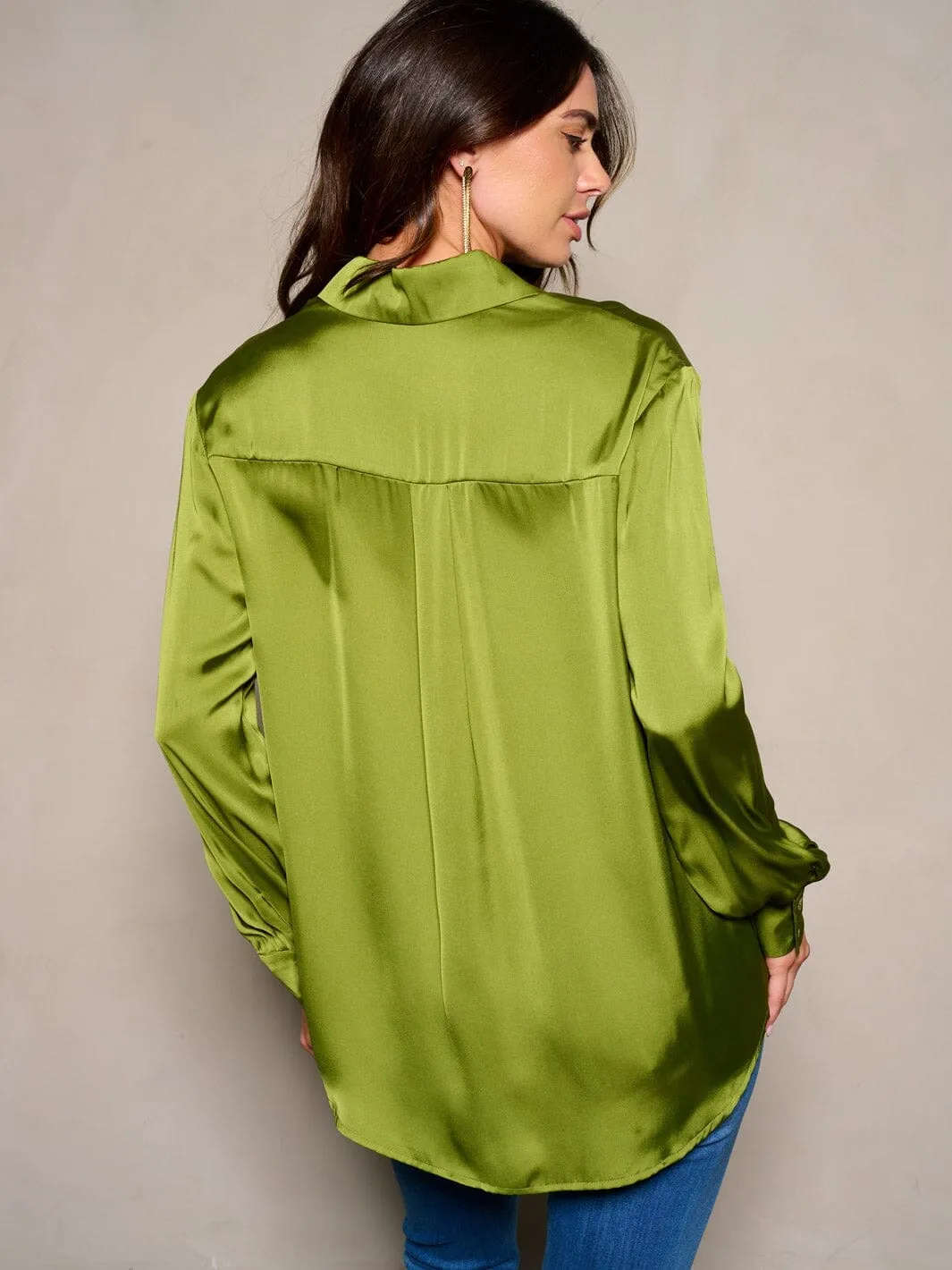WOMEN'S LONG SLEEVE BUTTON CLOSURE SATIN BLOUSE TOP