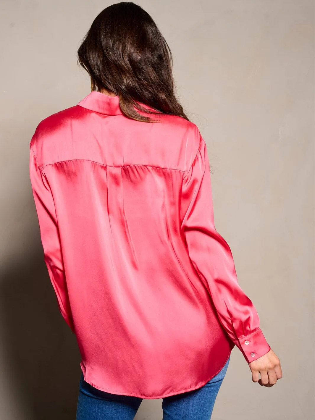 WOMEN'S LONG SLEEVE BUTTON CLOSURE SATIN BLOUSE TOP