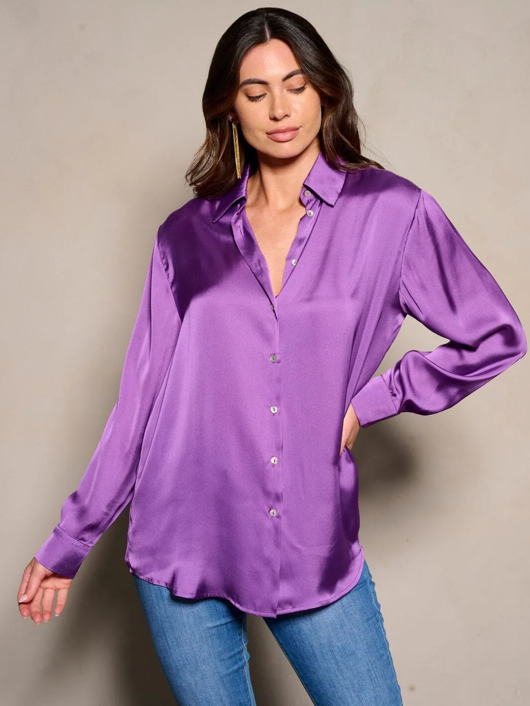 WOMEN'S LONG SLEEVE BUTTON CLOSURE SATIN BLOUSE TOP