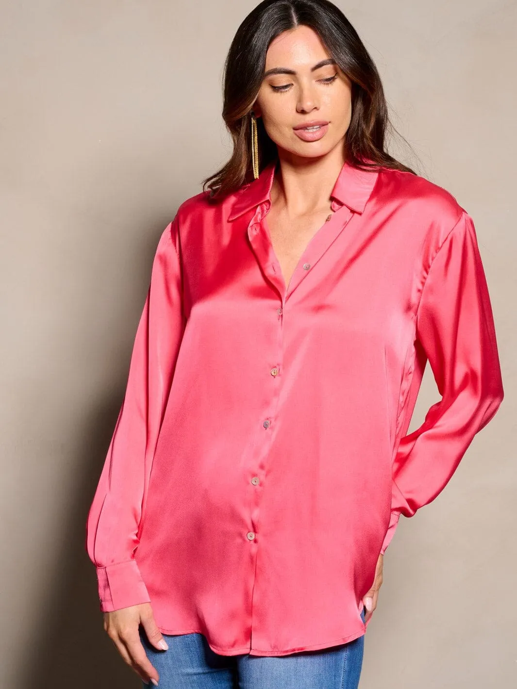 WOMEN'S LONG SLEEVE BUTTON CLOSURE SATIN BLOUSE TOP