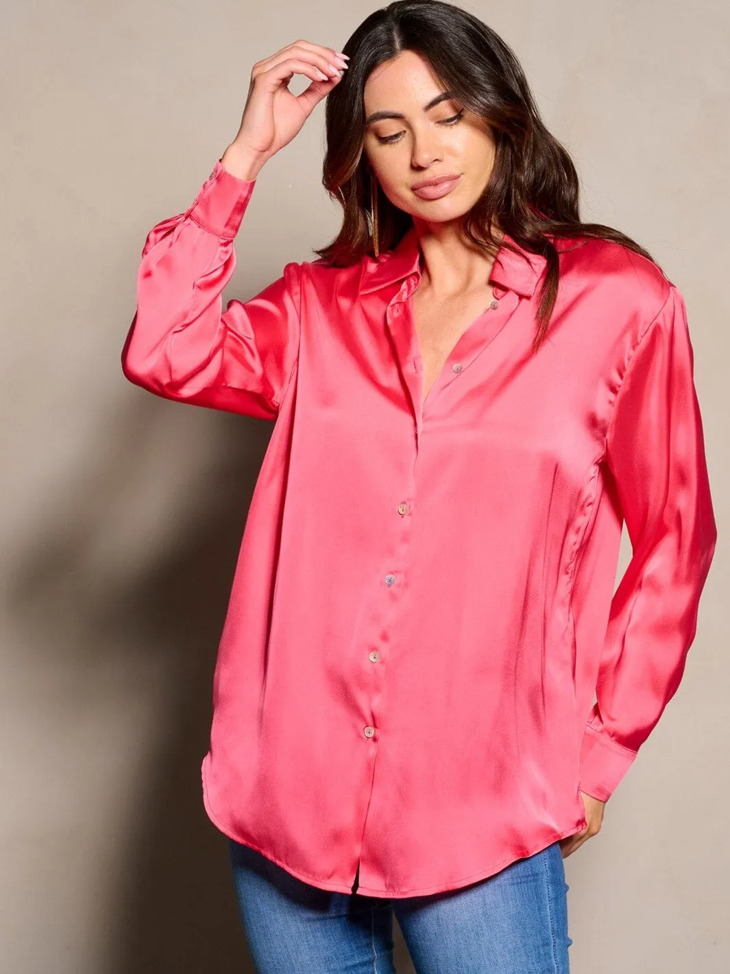 WOMEN'S LONG SLEEVE BUTTON CLOSURE SATIN BLOUSE TOP