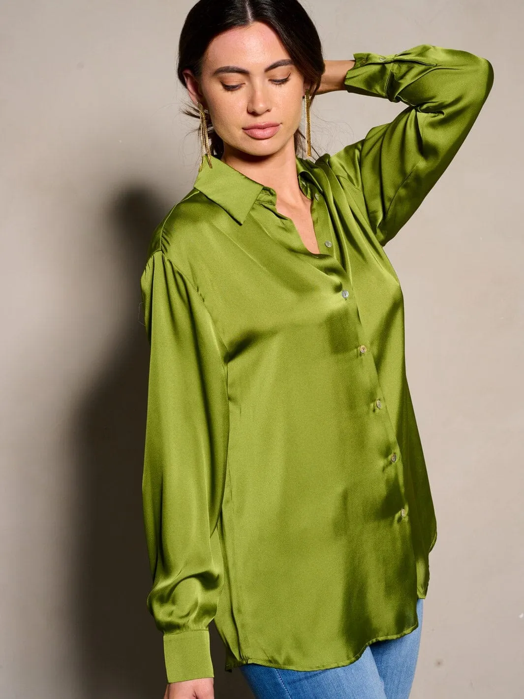 WOMEN'S LONG SLEEVE BUTTON CLOSURE SATIN BLOUSE TOP