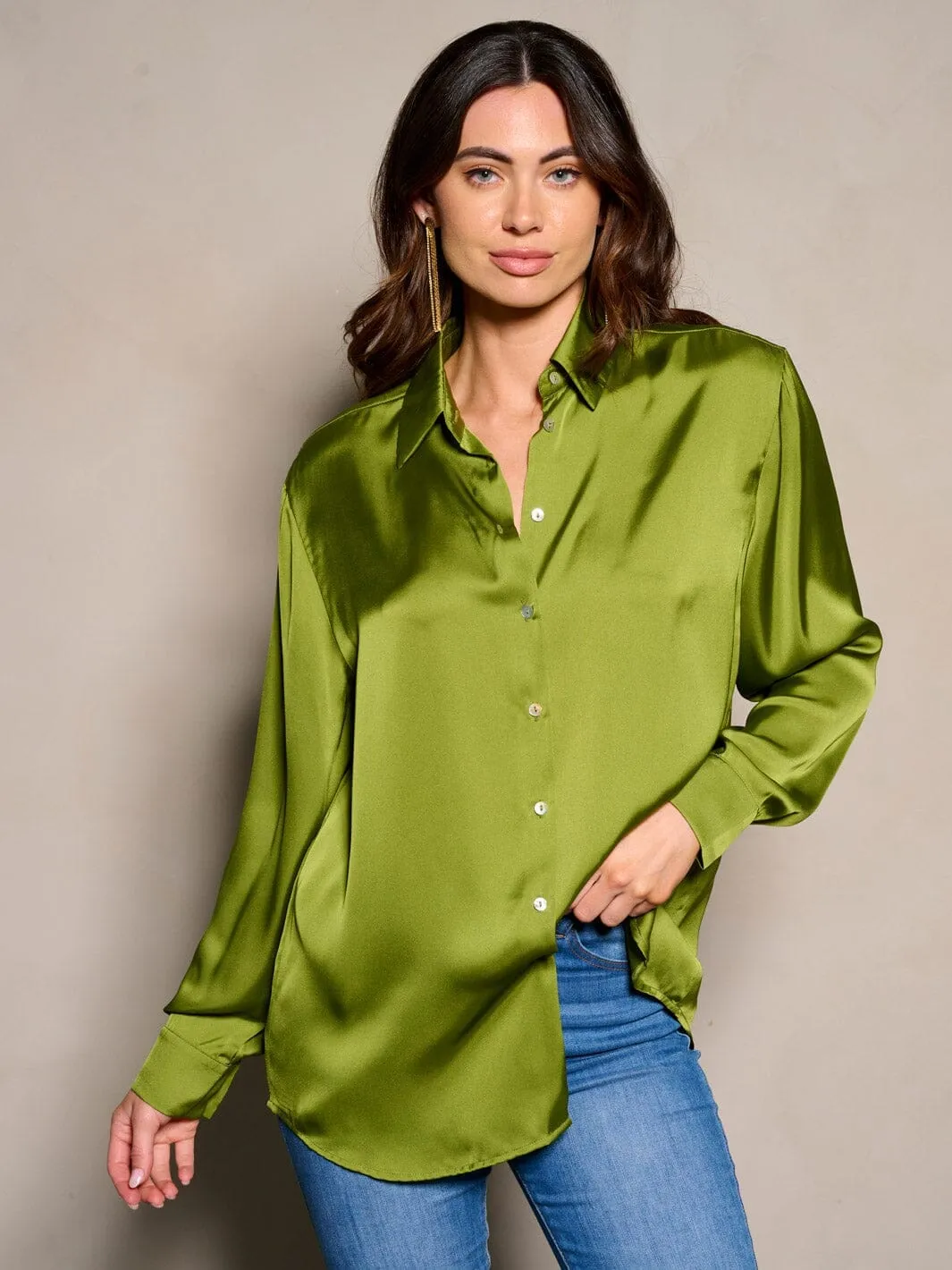 WOMEN'S LONG SLEEVE BUTTON CLOSURE SATIN BLOUSE TOP