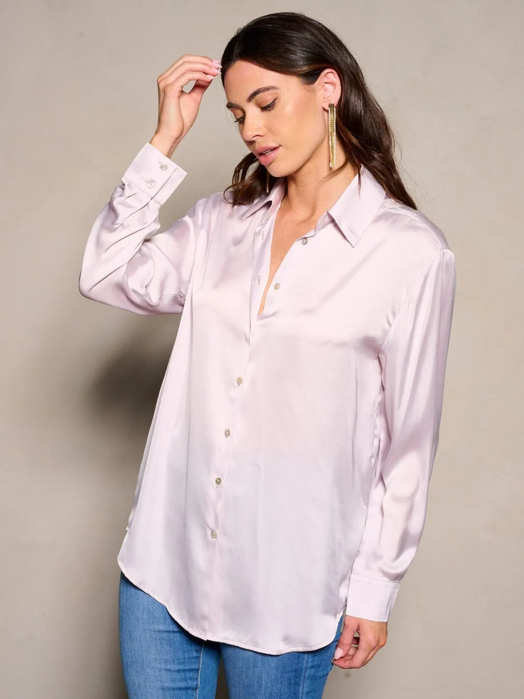 WOMEN'S LONG SLEEVE BUTTON CLOSURE SATIN BLOUSE TOP