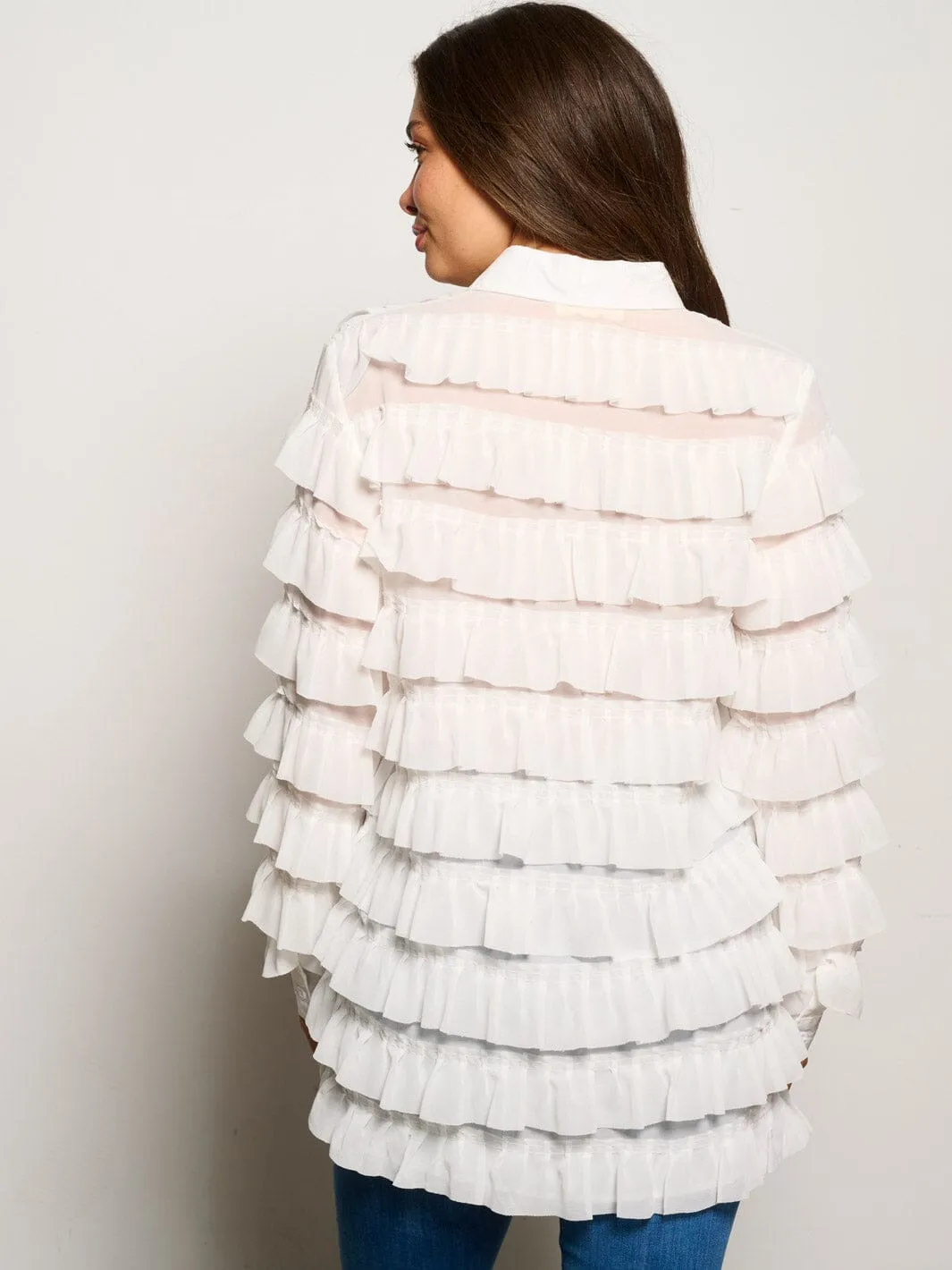 WOMEN'S LONG SLEEVE BUTTON CLOSURE TIERED RUFFLE BLOUSE TOP