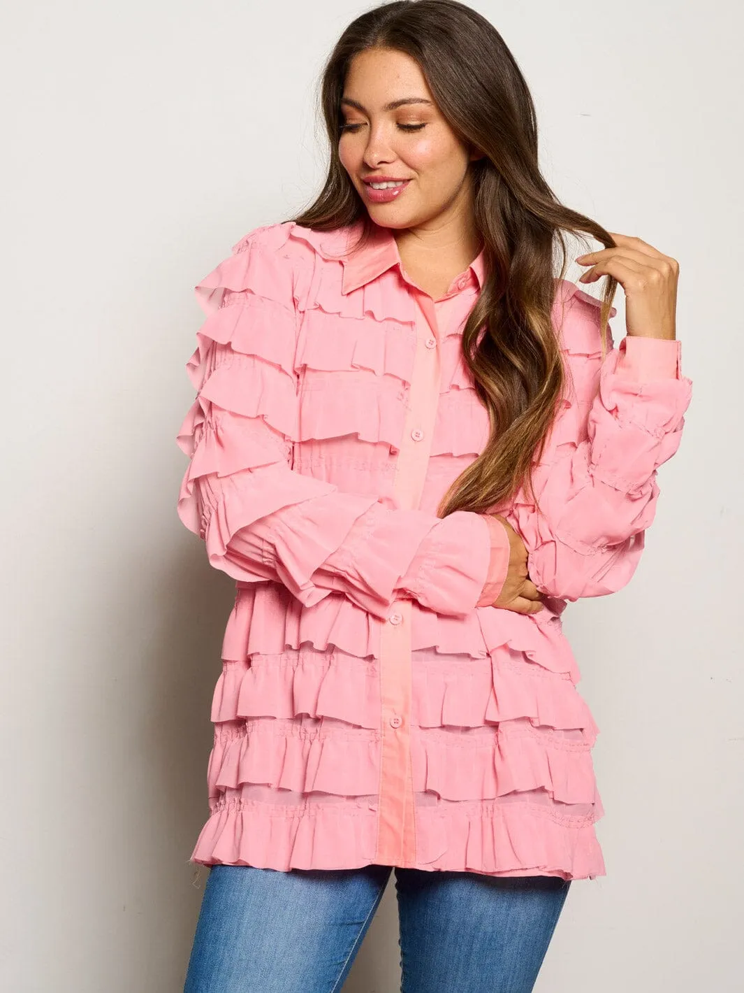 WOMEN'S LONG SLEEVE BUTTON CLOSURE TIERED RUFFLE BLOUSE TOP