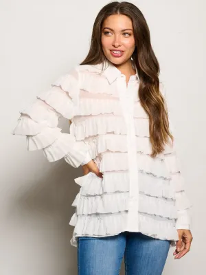 WOMEN'S LONG SLEEVE BUTTON CLOSURE TIERED RUFFLE BLOUSE TOP