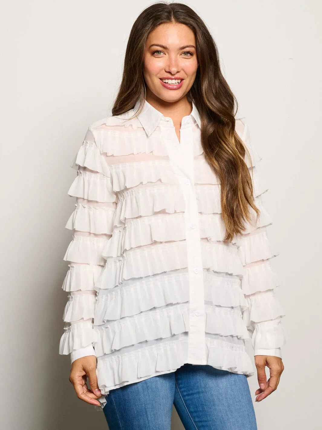 WOMEN'S LONG SLEEVE BUTTON CLOSURE TIERED RUFFLE BLOUSE TOP