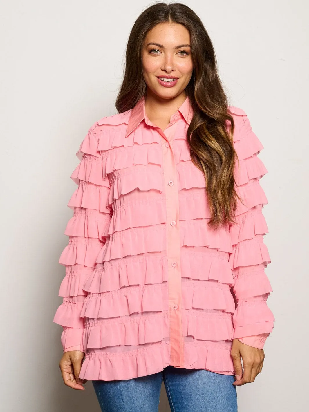 WOMEN'S LONG SLEEVE BUTTON CLOSURE TIERED RUFFLE BLOUSE TOP