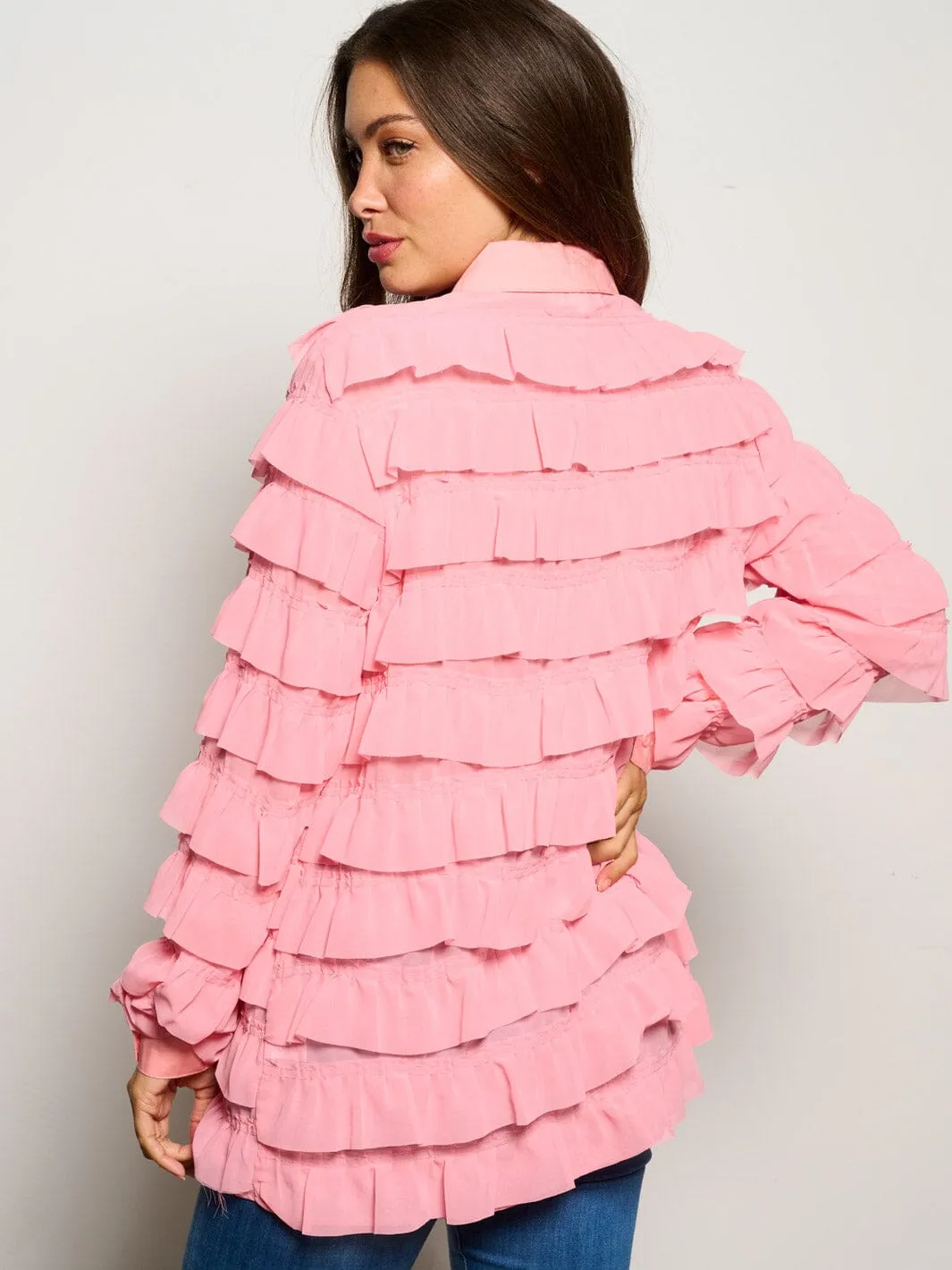 WOMEN'S LONG SLEEVE BUTTON CLOSURE TIERED RUFFLE BLOUSE TOP