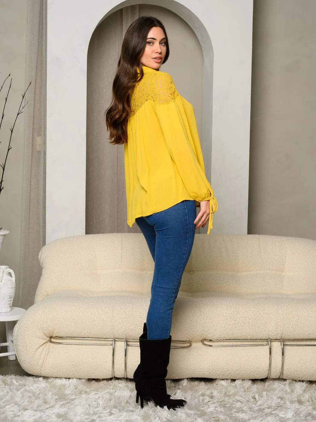 WOMEN'S LONG SLEEVE BUTTON DOWN LACE INSERT TOP