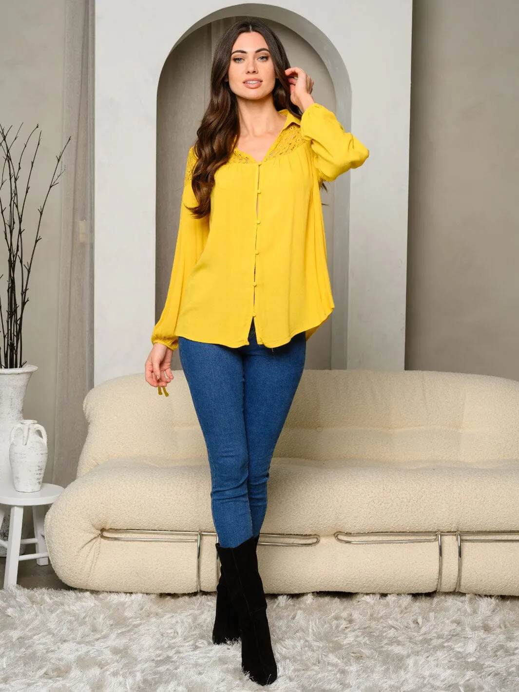 WOMEN'S LONG SLEEVE BUTTON DOWN LACE INSERT TOP
