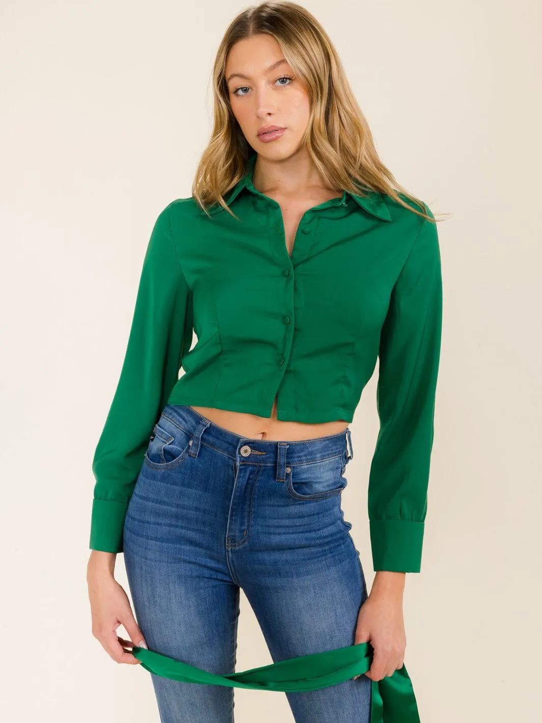 WOMEN'S LONG SLEEVE BUTTON UP COLLAR REMOVABLE SCRAF BLOUSE