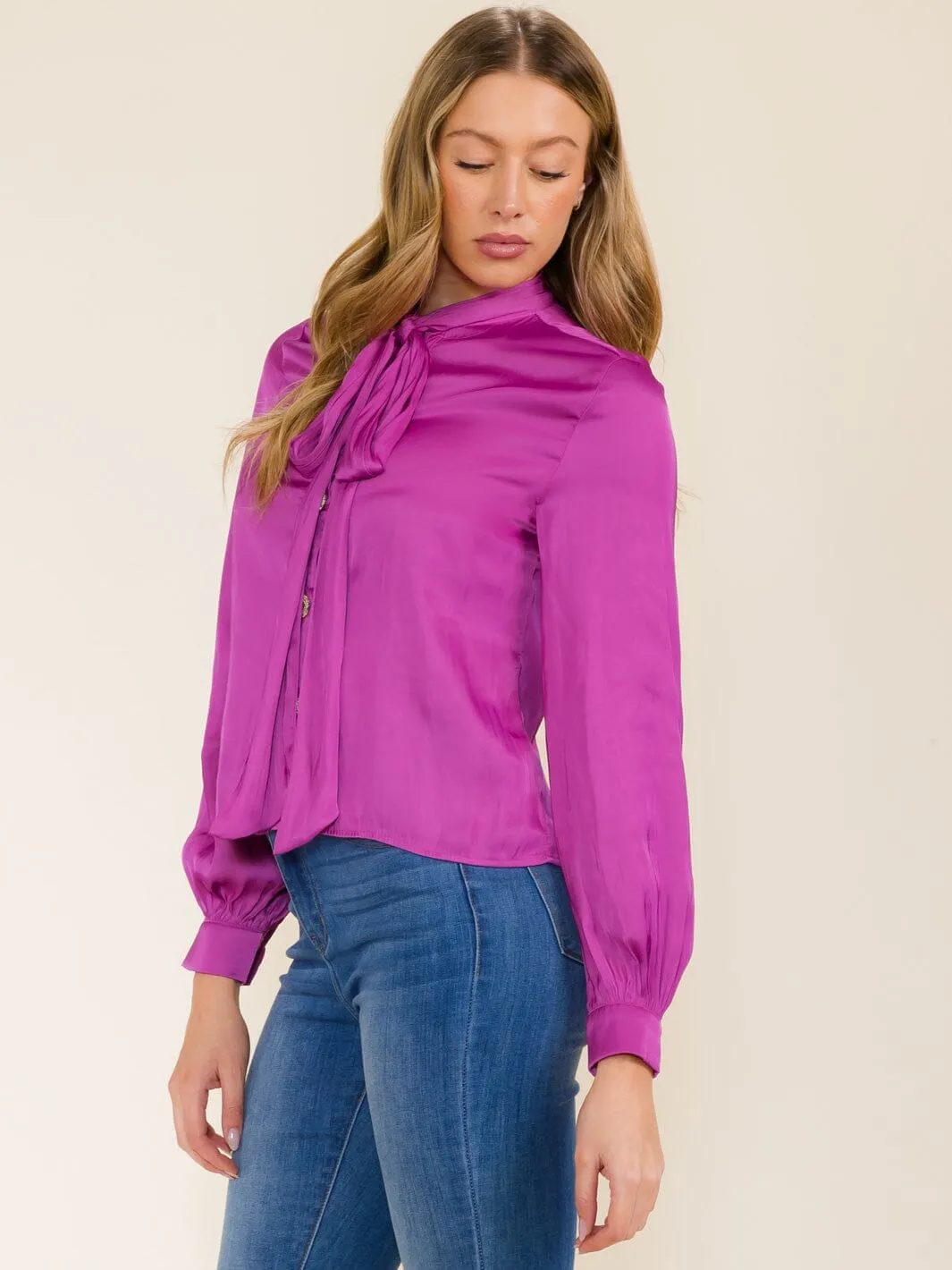 WOMEN'S LONG SLEEVE BUTTON UP COLLAR SCRAF BLOUSE