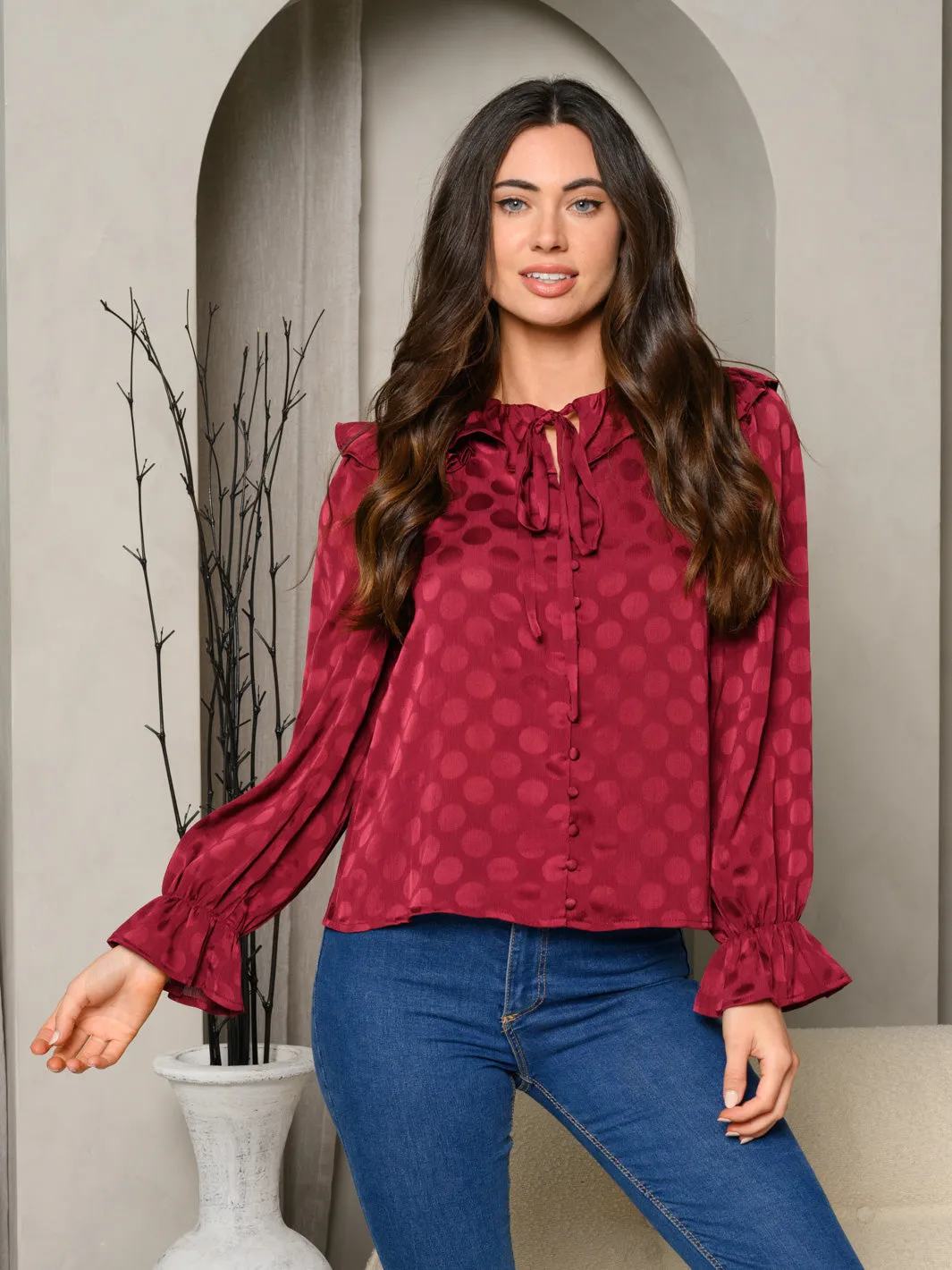 WOMEN'S LONG SLEEVE BUTTON UP COLLAR TIE BLOUSE TOP
