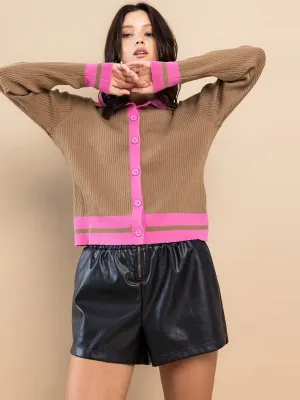 WOMEN'S LONG SLEEVE BUTTON UP COLORBLOCK RIBBED TOP