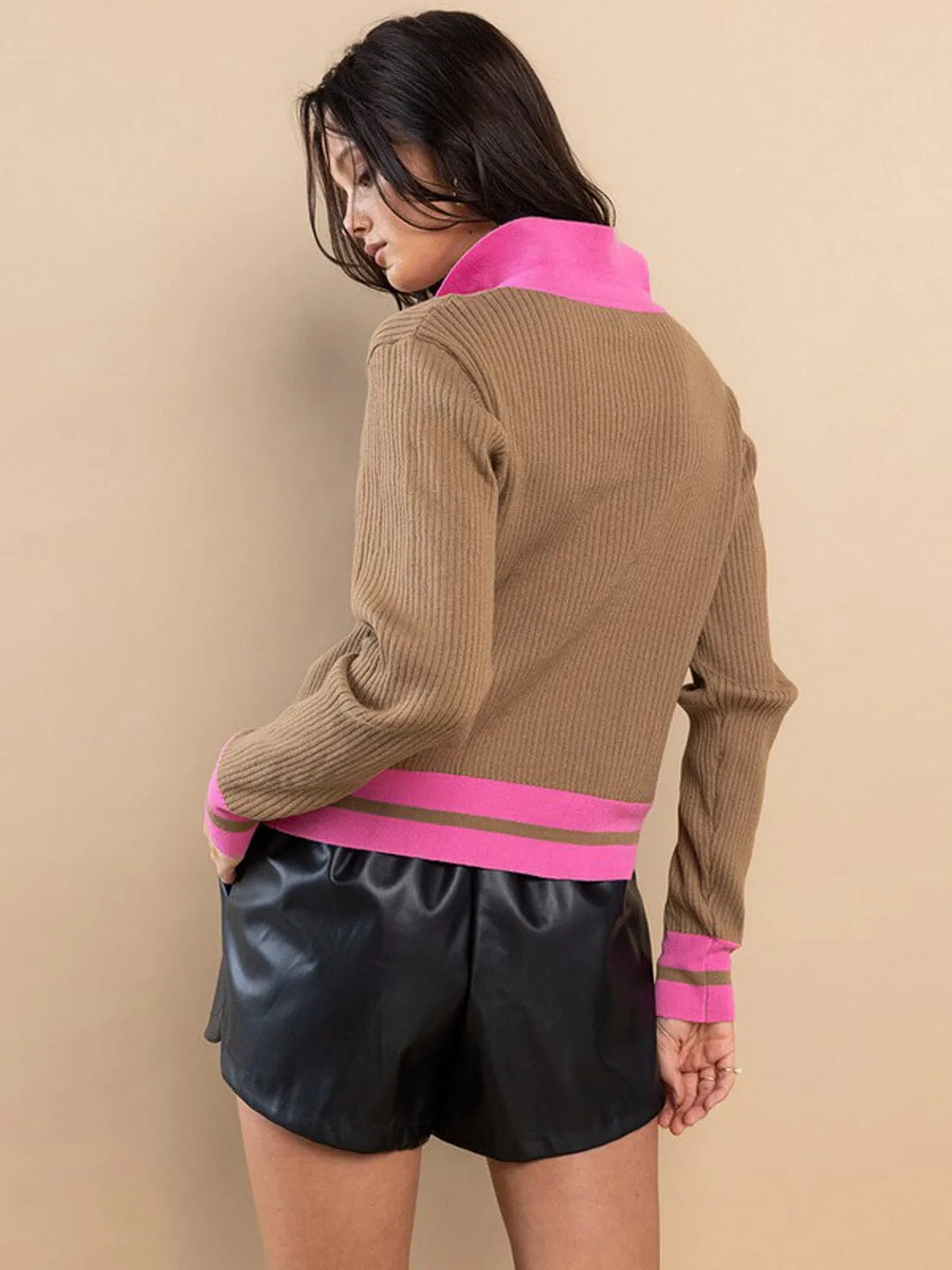 WOMEN'S LONG SLEEVE BUTTON UP COLORBLOCK RIBBED TOP