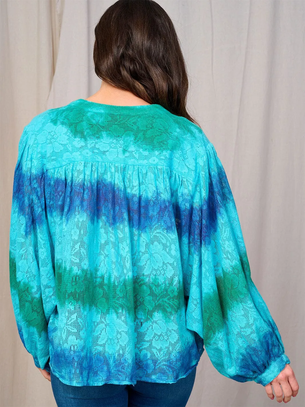 WOMEN'S LONG SLEEVE BUTTON UP FLORAL TIE DYE BLOUSE