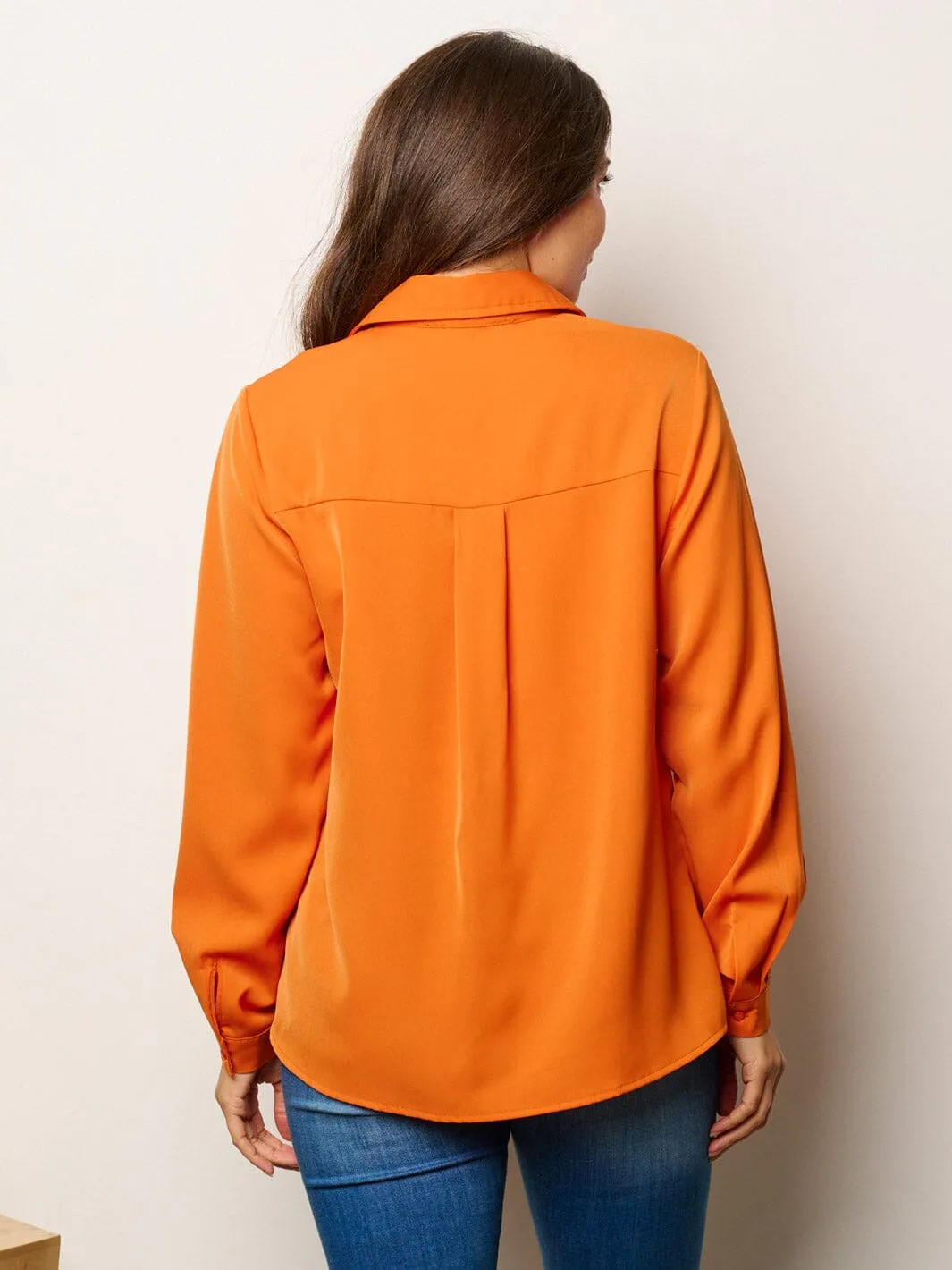 WOMEN'S LONG SLEEVE BUTTON UP FRONT POCKETS BLOUSE TOP