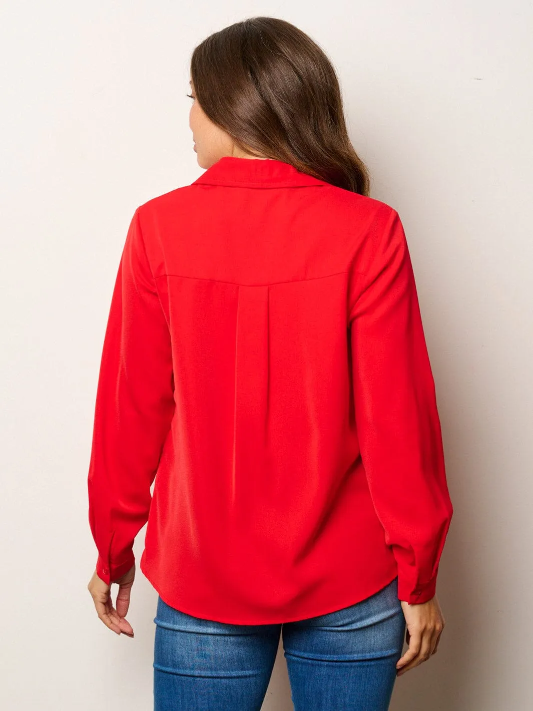 WOMEN'S LONG SLEEVE BUTTON UP FRONT POCKETS BLOUSE TOP