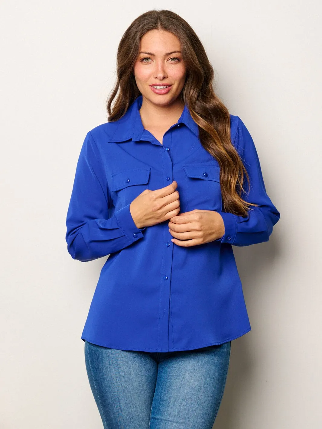 WOMEN'S LONG SLEEVE BUTTON UP FRONT POCKETS BLOUSE TOP