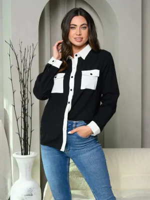 WOMEN'S LONG SLEEVE BUTTON UP FRONT POCKETS COLORBLOCK TOP
