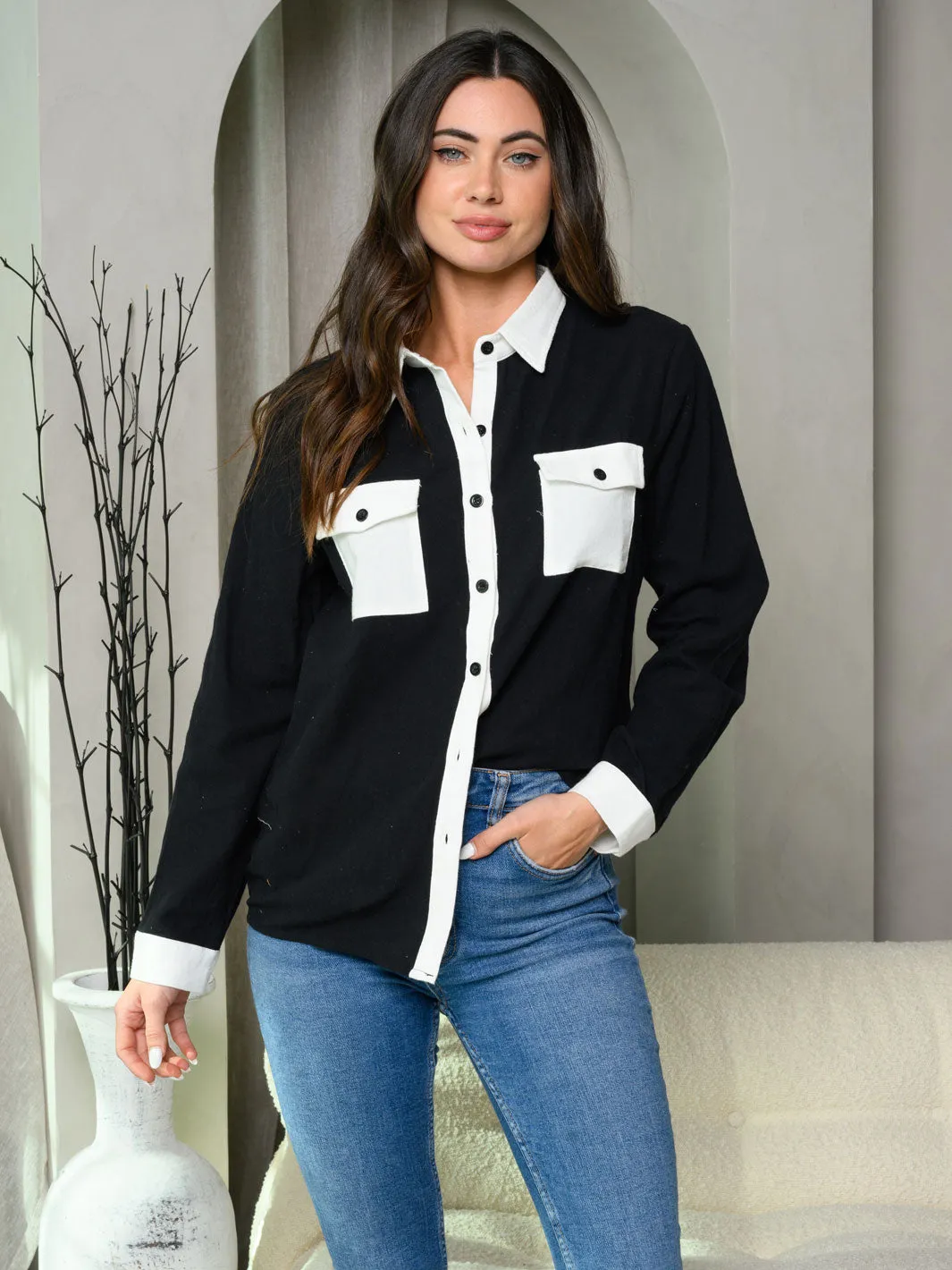 WOMEN'S LONG SLEEVE BUTTON UP FRONT POCKETS COLORBLOCK TOP