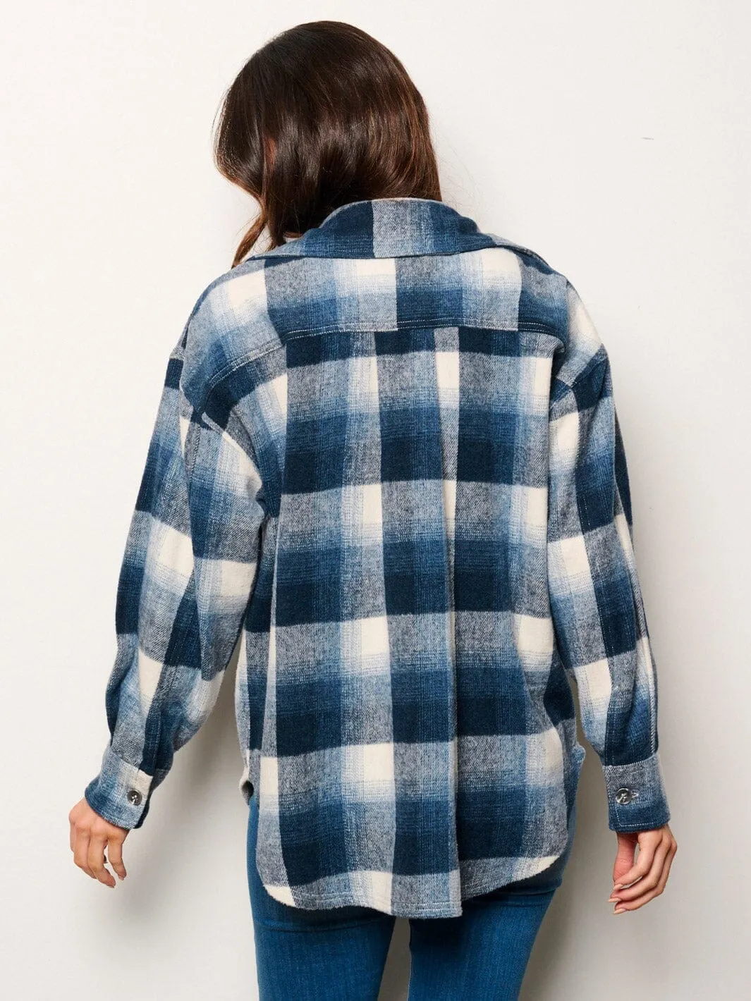 WOMEN'S LONG SLEEVE BUTTON UP FRONT POCKETS PLAID TOP