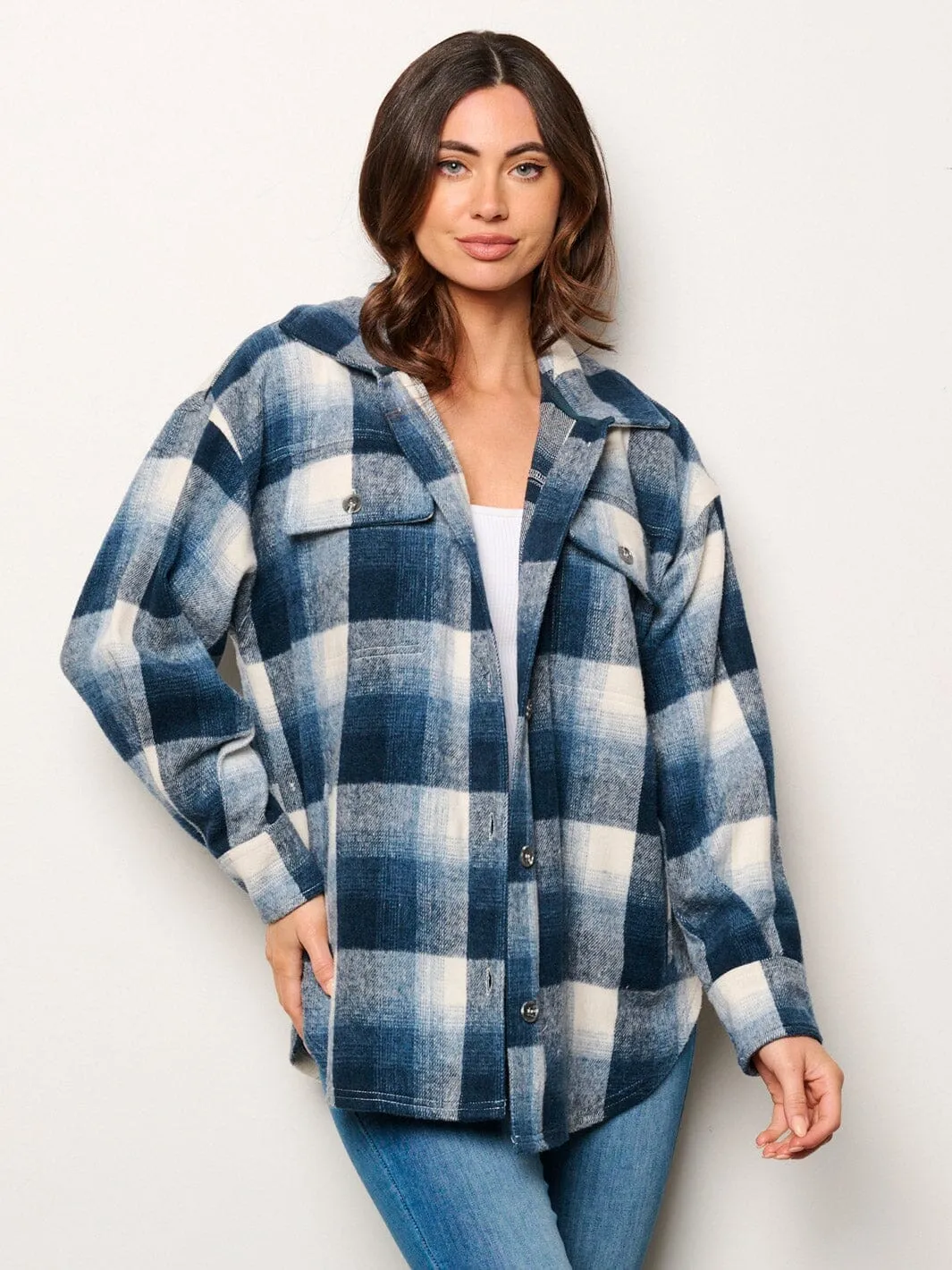 WOMEN'S LONG SLEEVE BUTTON UP FRONT POCKETS PLAID TOP