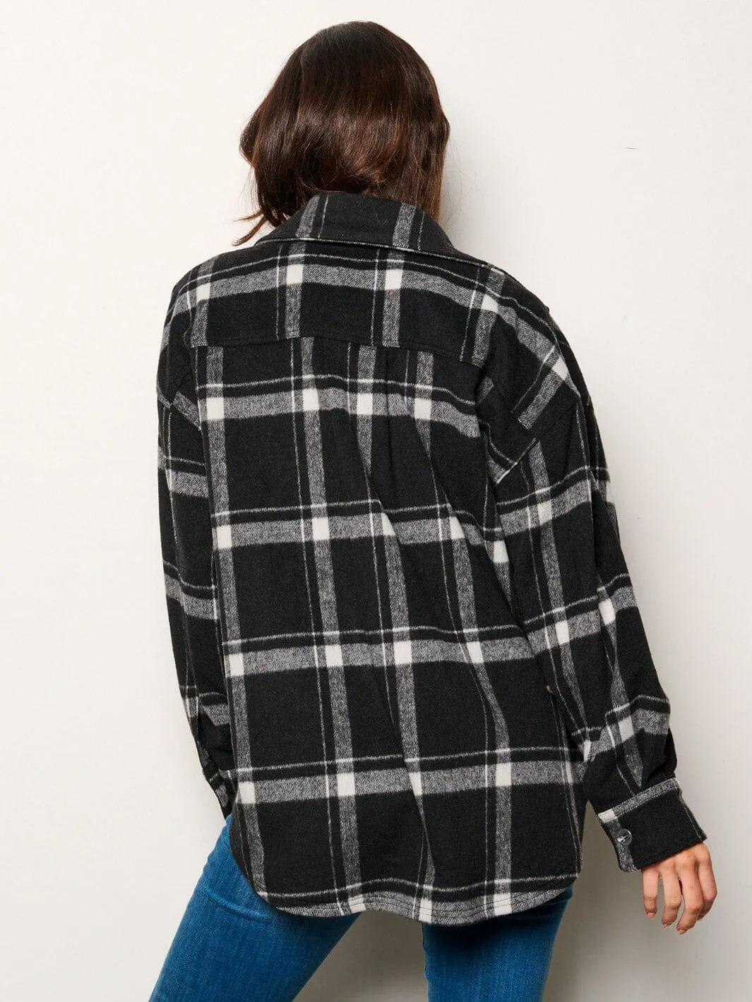 WOMEN'S LONG SLEEVE BUTTON UP FRONT POCKETS PLAID TOP