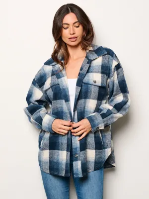 WOMEN'S LONG SLEEVE BUTTON UP FRONT POCKETS PLAID TOP