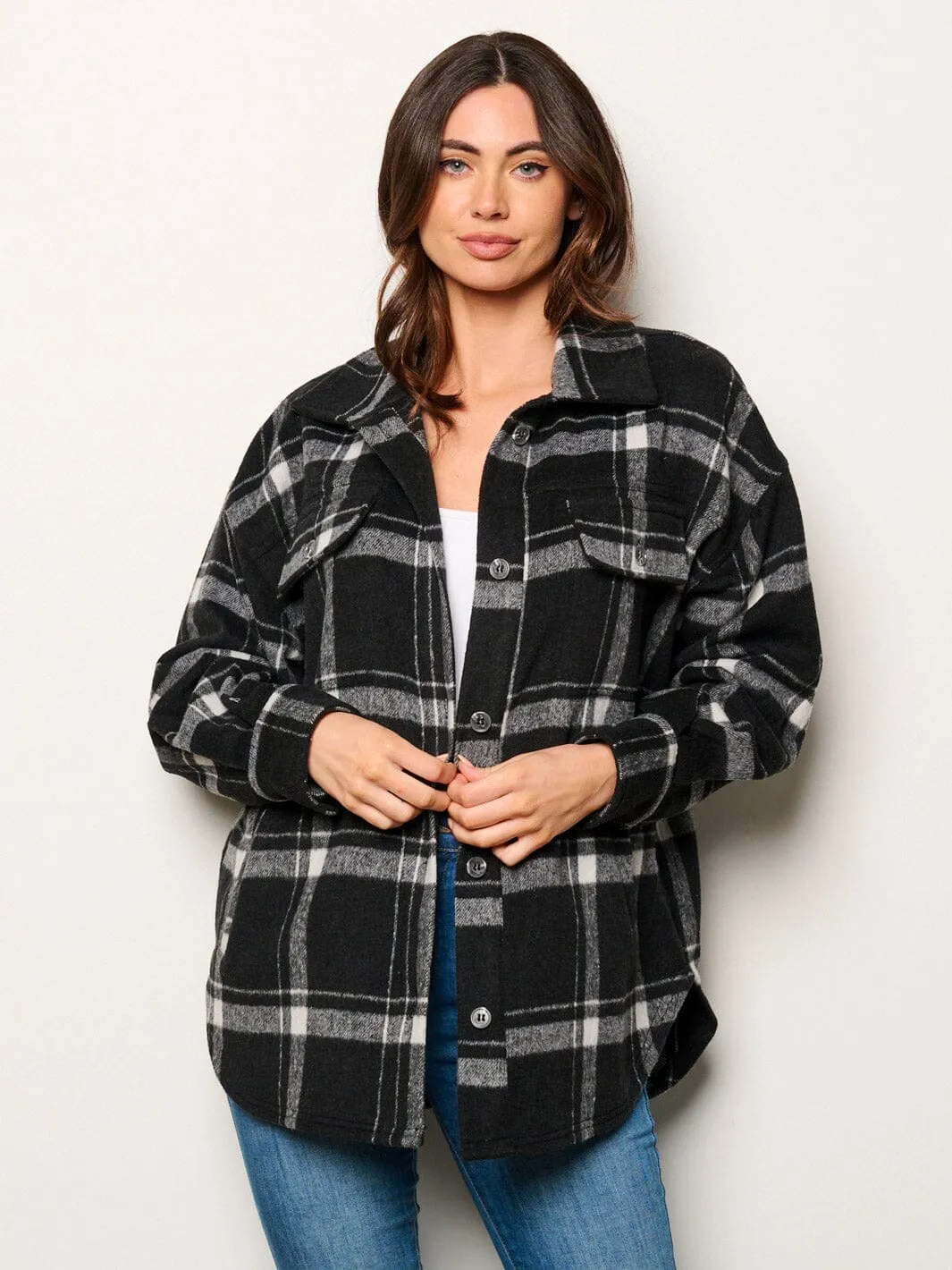 WOMEN'S LONG SLEEVE BUTTON UP FRONT POCKETS PLAID TOP