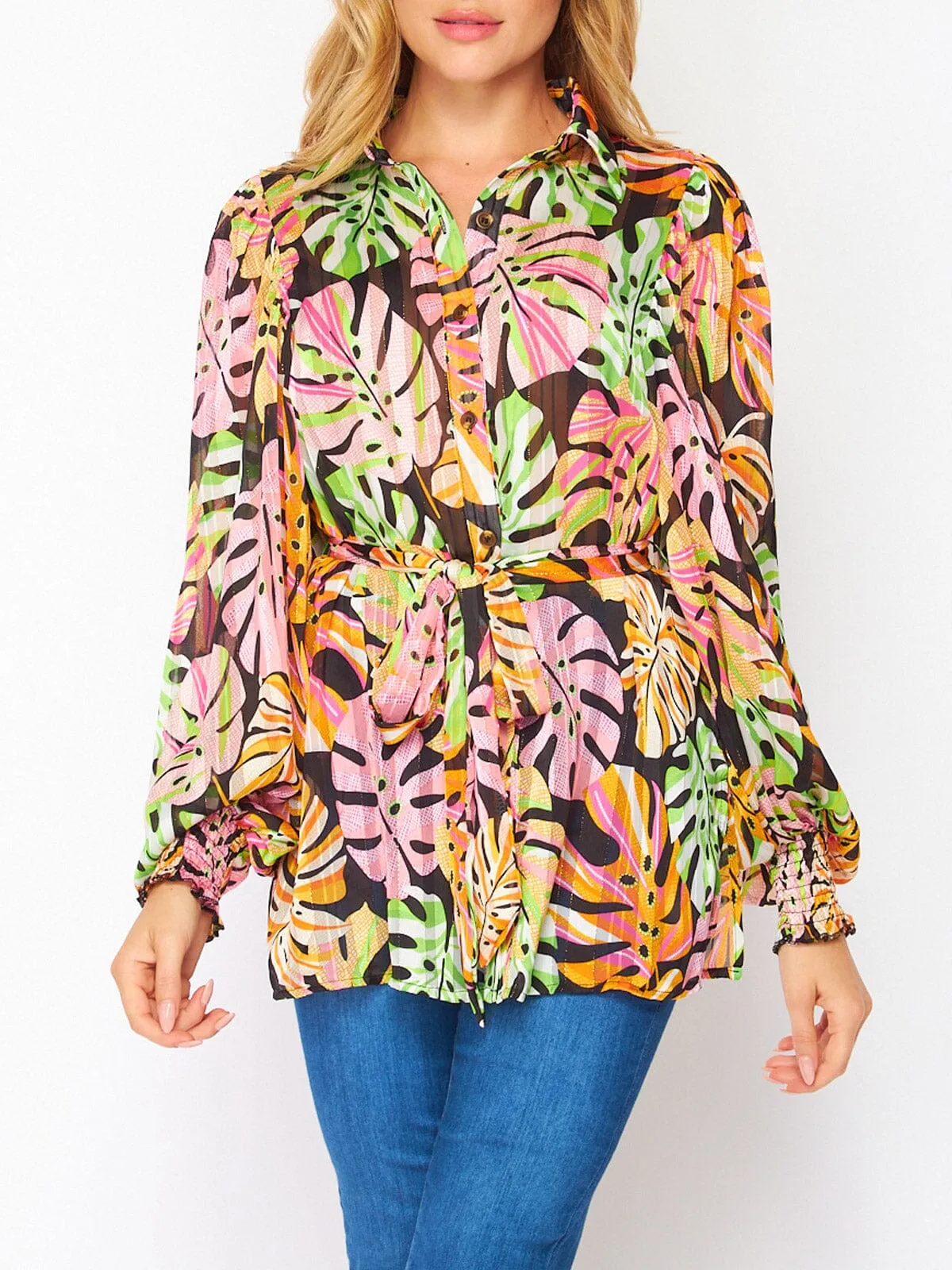WOMEN'S LONG SLEEVE BUTTON UP LEAF PRINT BLOUSE