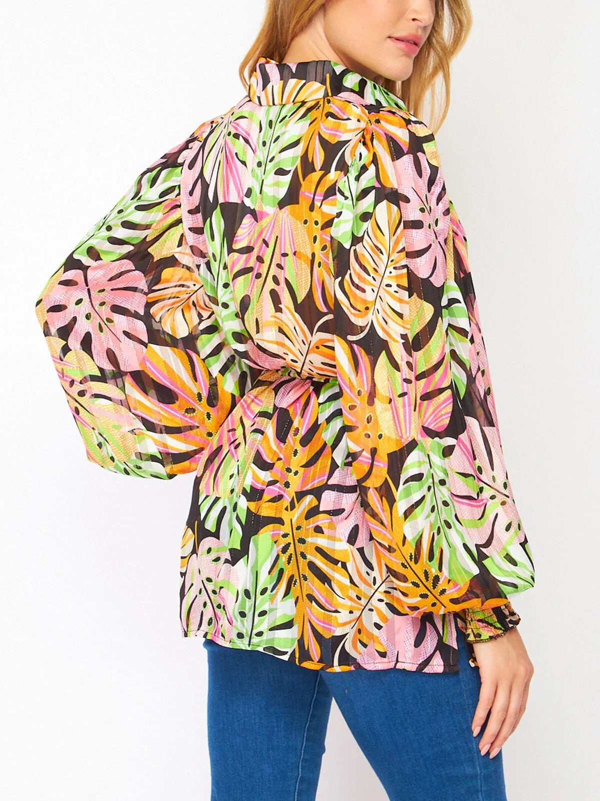 WOMEN'S LONG SLEEVE BUTTON UP LEAF PRINT BLOUSE