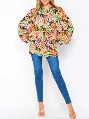 WOMEN'S LONG SLEEVE BUTTON UP LEAF PRINT BLOUSE