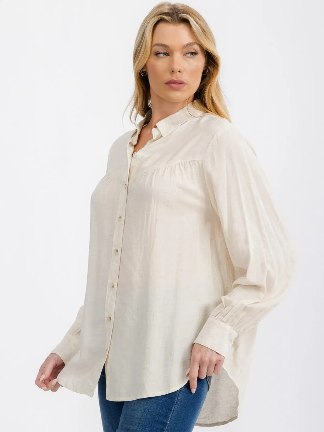 WOMEN'S LONG SLEEVE BUTTON UP LINEN BLOUSE TOP