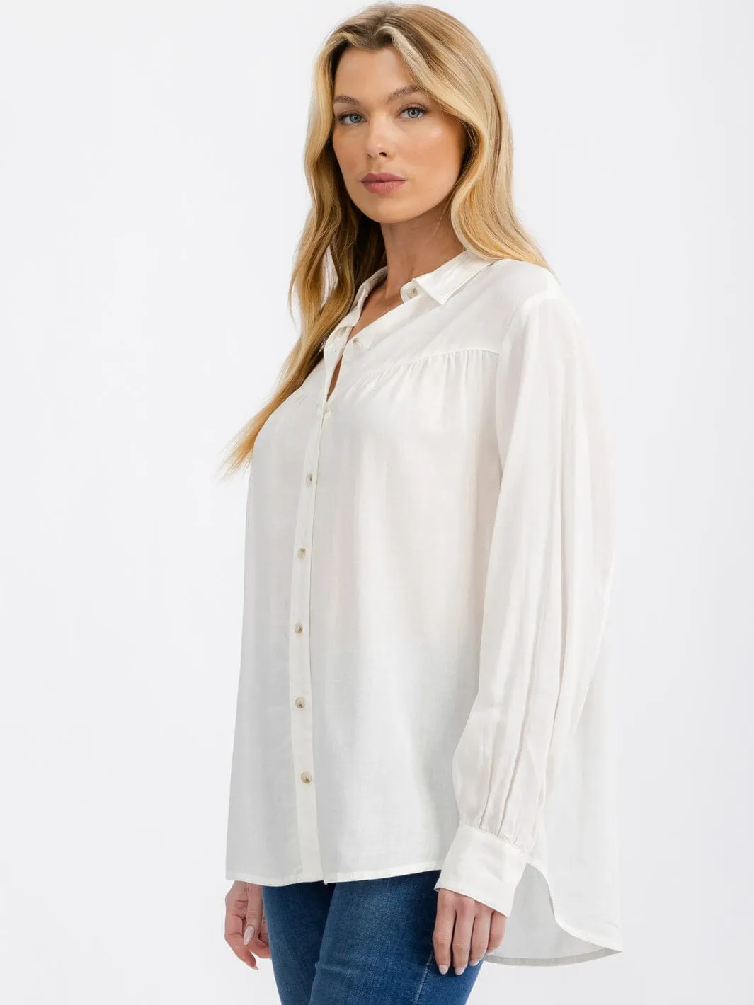 WOMEN'S LONG SLEEVE BUTTON UP LINEN BLOUSE TOP