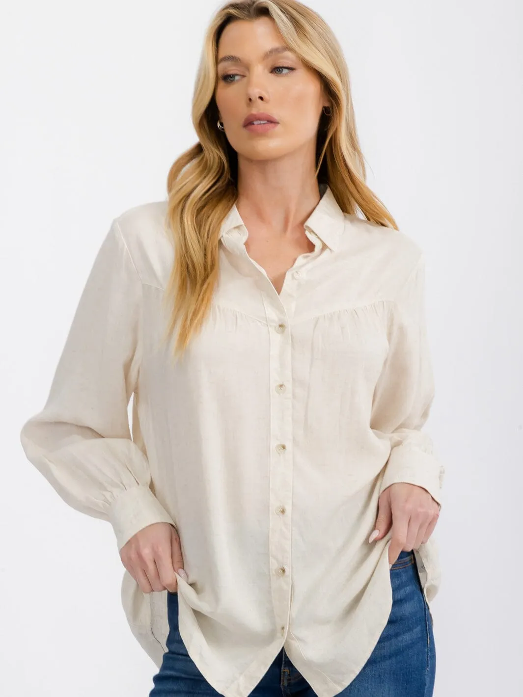 WOMEN'S LONG SLEEVE BUTTON UP LINEN BLOUSE TOP