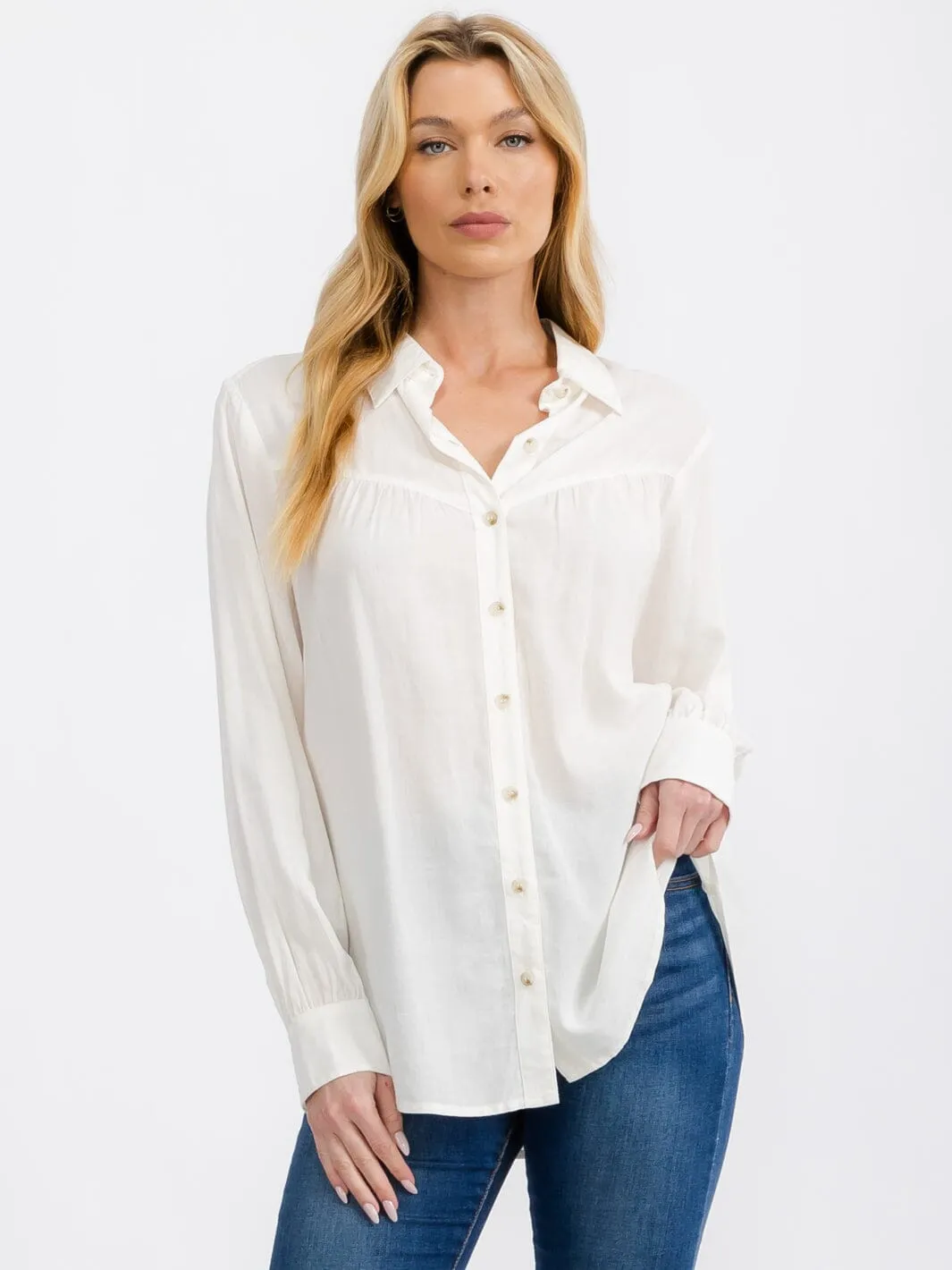 WOMEN'S LONG SLEEVE BUTTON UP LINEN BLOUSE TOP
