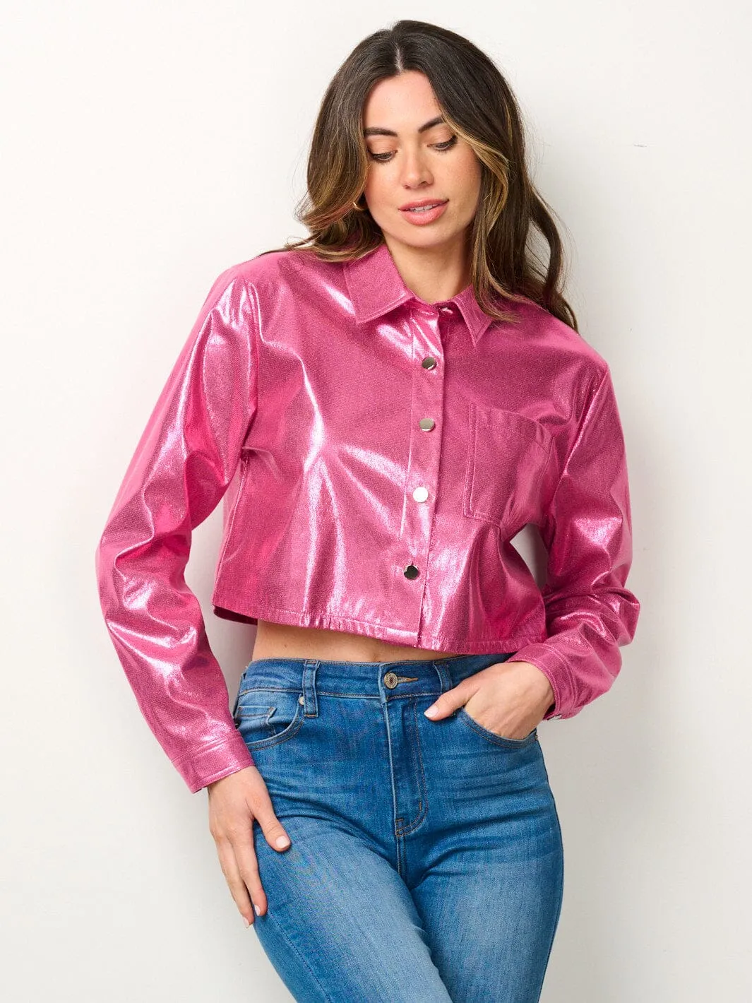 WOMEN'S LONG SLEEVE BUTTON UP METALLIC TOP