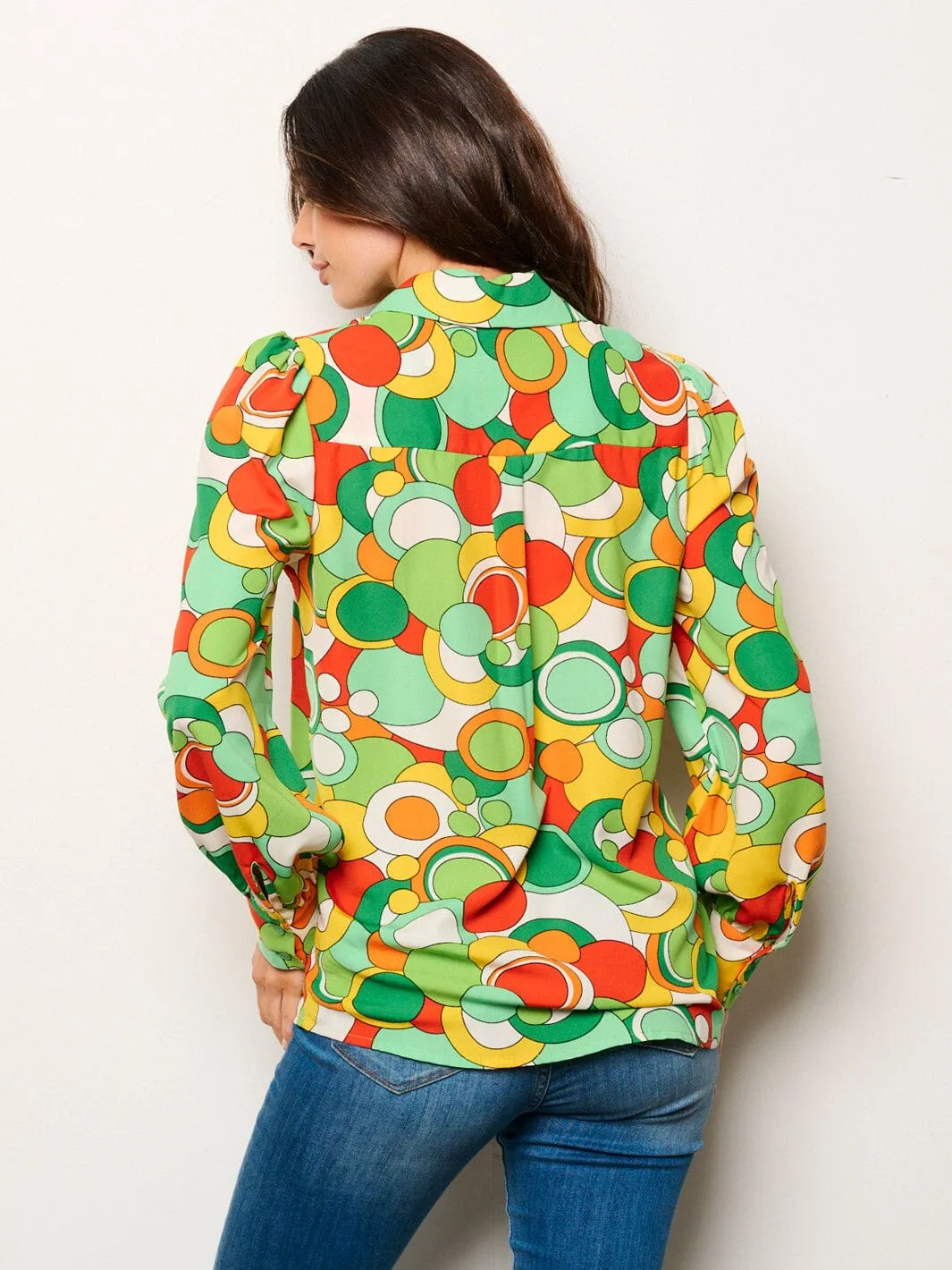 WOMEN'S LONG SLEEVE BUTTON UP MULTI PRINT BLOUSE TOP