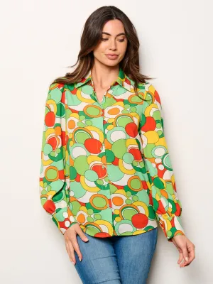 WOMEN'S LONG SLEEVE BUTTON UP MULTI PRINT BLOUSE TOP