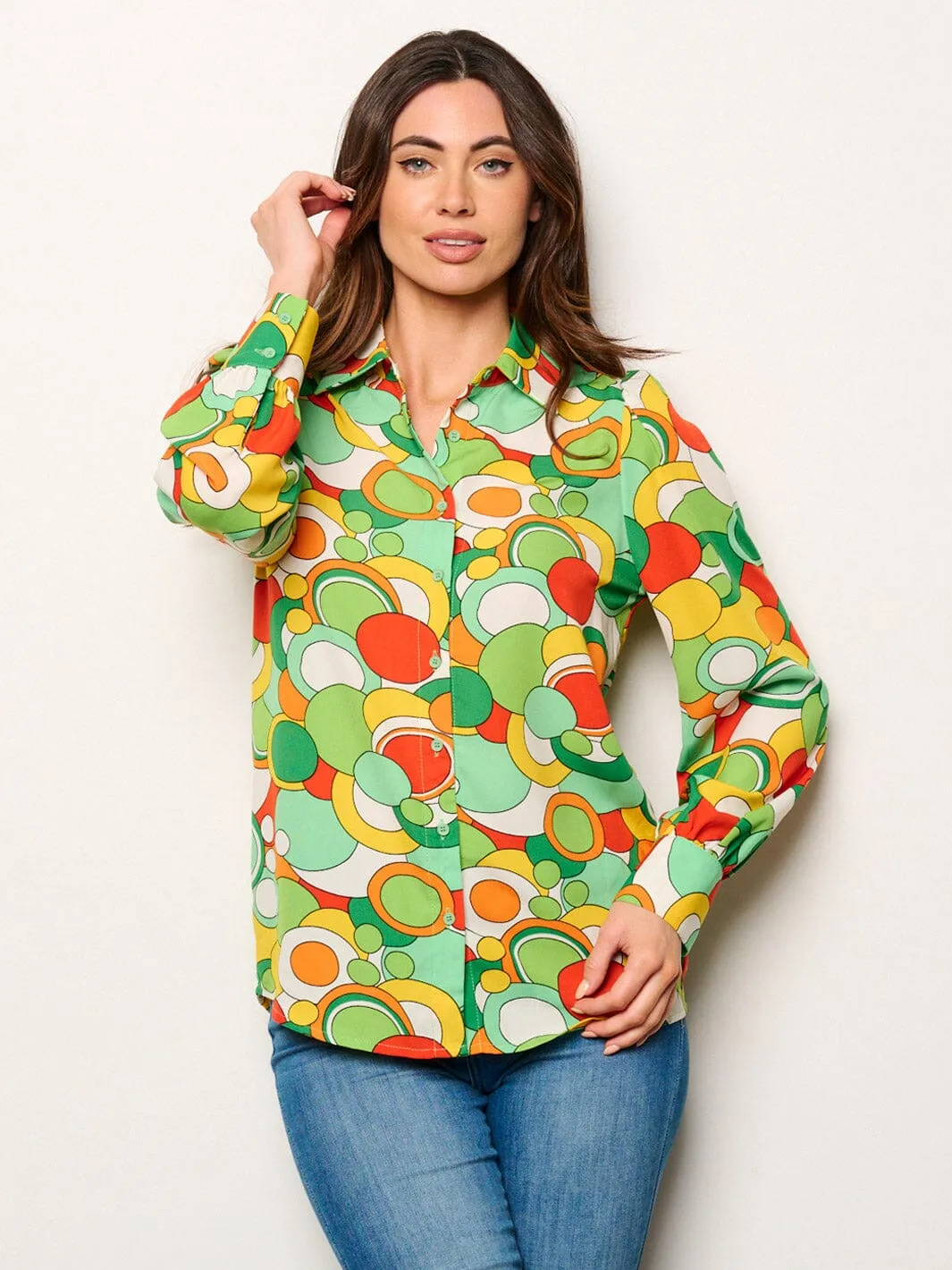 WOMEN'S LONG SLEEVE BUTTON UP MULTI PRINT BLOUSE TOP