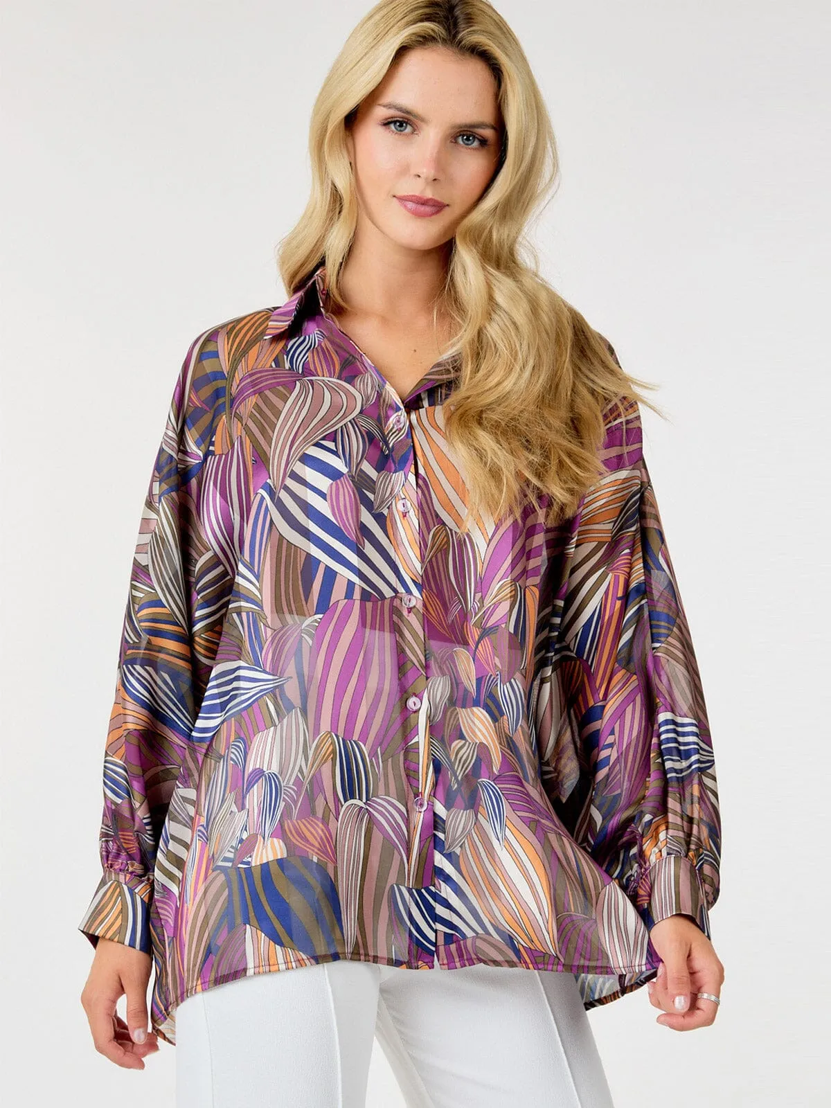 WOMEN'S LONG SLEEVE BUTTON UP MULTI PRINT BLOUSE