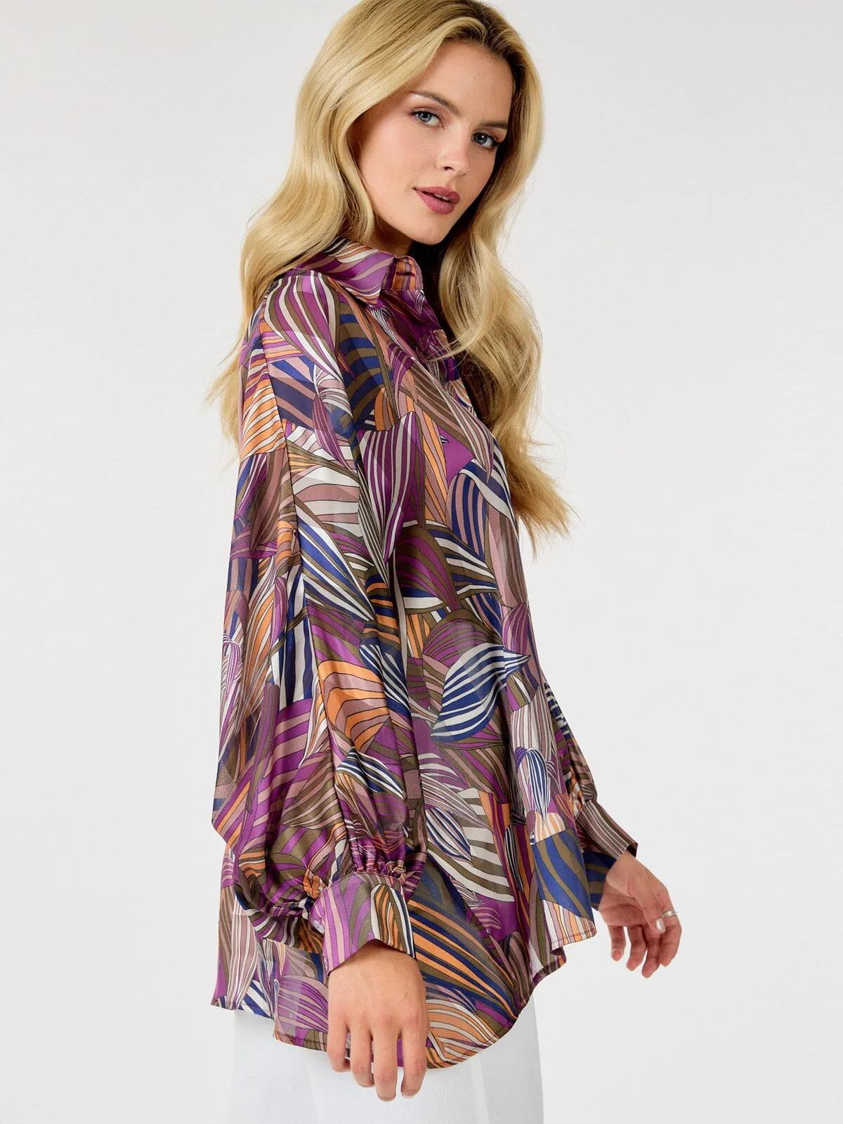WOMEN'S LONG SLEEVE BUTTON UP MULTI PRINT BLOUSE