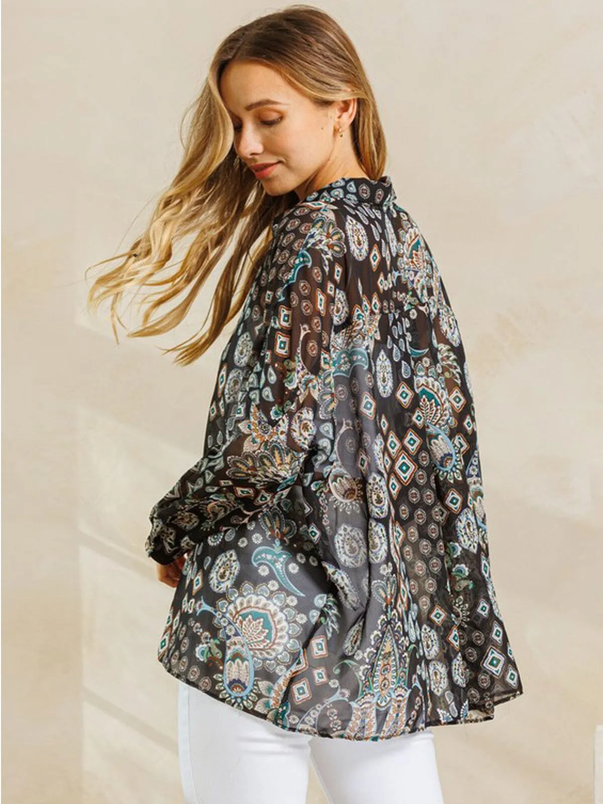 WOMEN'S LONG SLEEVE BUTTON UP MULTI PRINT TOP